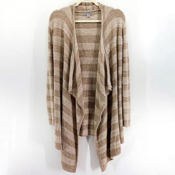 BAREFOOT Dreams Cozychic Lite Calypso Wrap Drape Front Cardigan Tan Striped - Picture 2 of 9